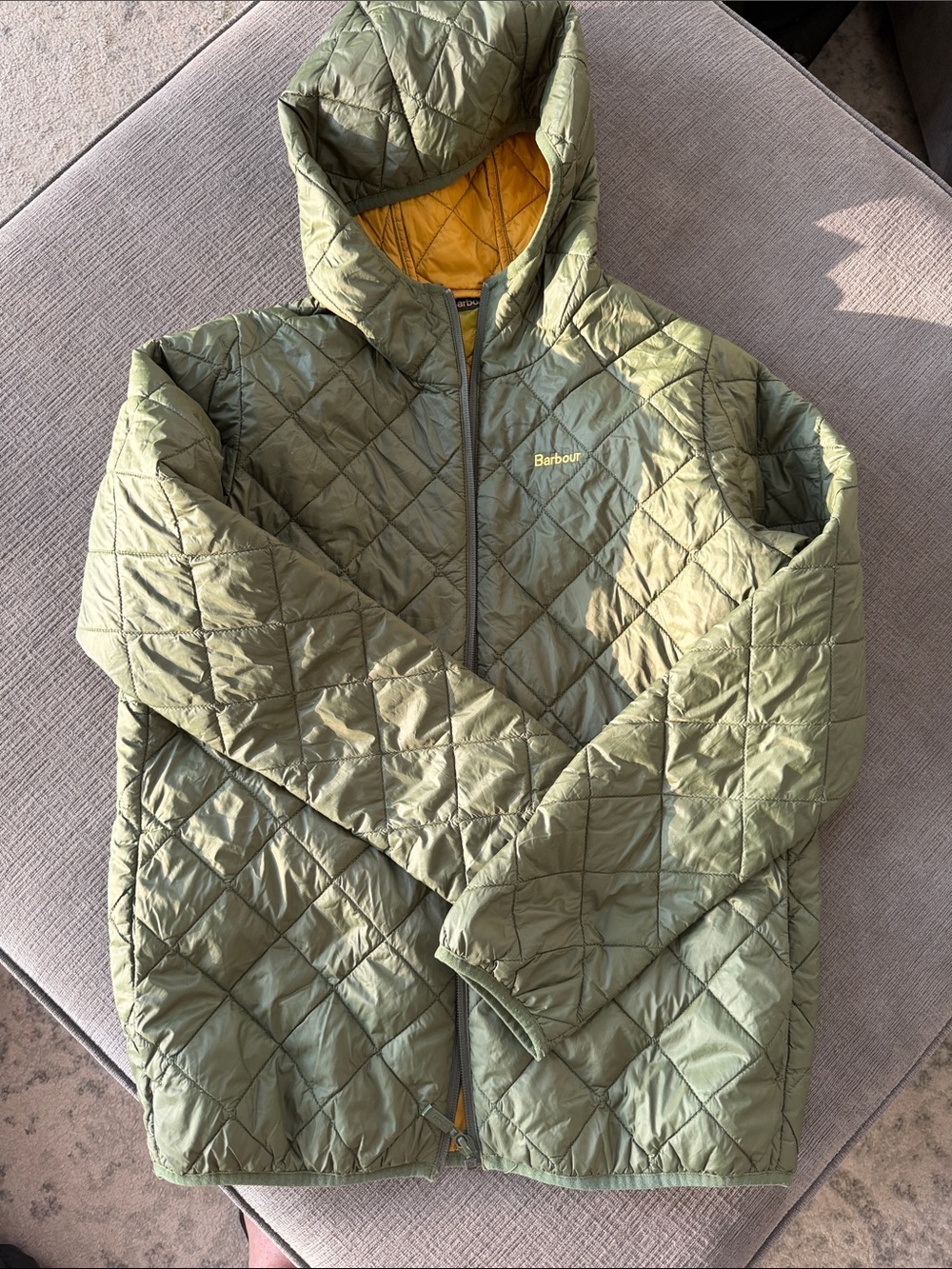 Barbour Olive Green Quilted Hooded Jacket with Yellow Interior